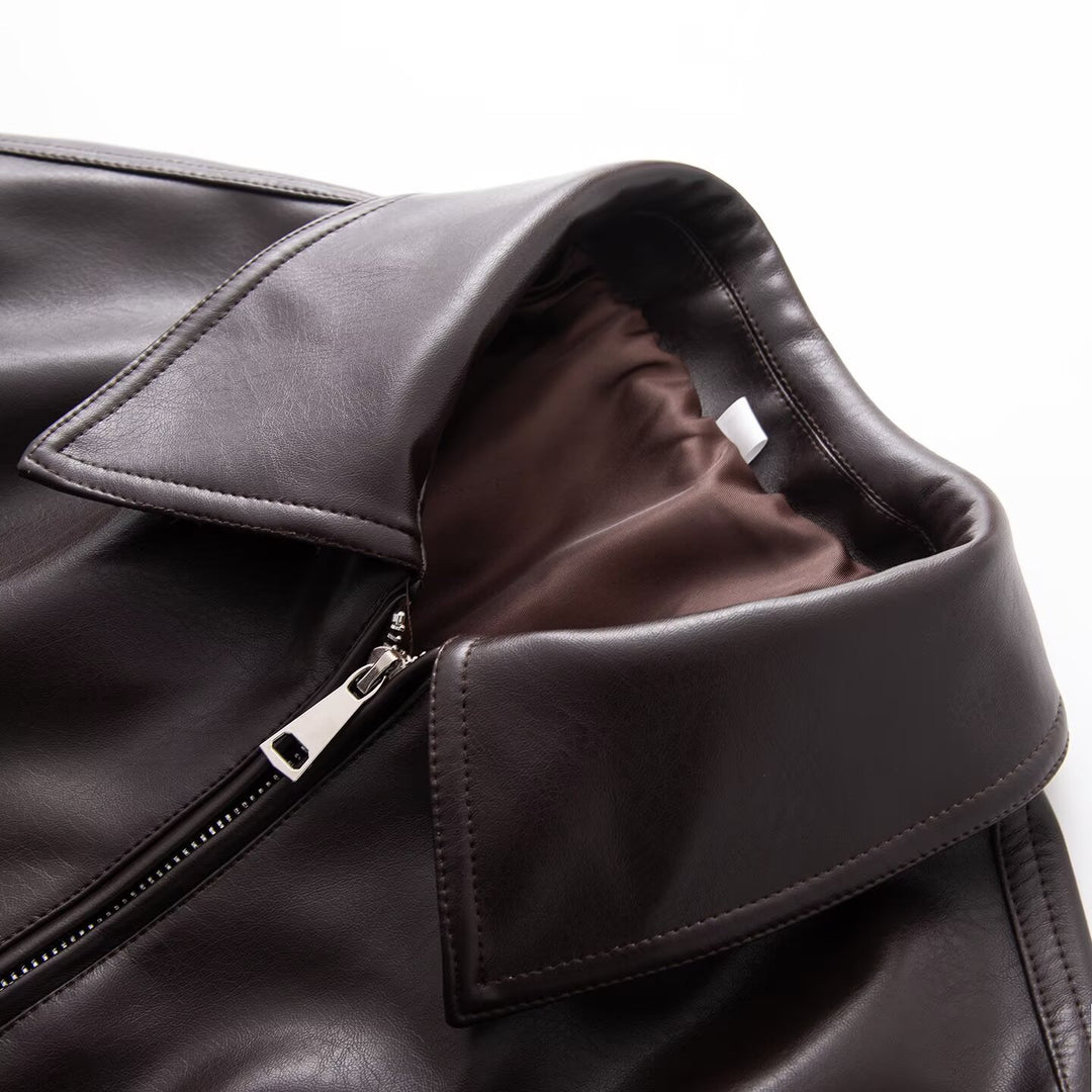 Women's Oversized Faux Leather Blouson Jacket with Collar, Zipper and Elastic Hem Mune Fashion