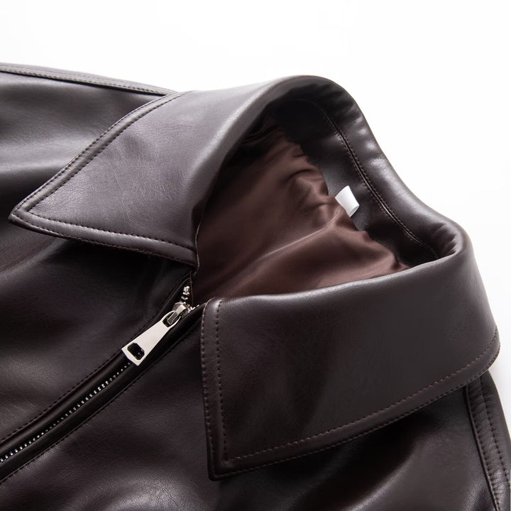Women's Oversized Faux Leather Blouson Jacket with Collar, Zipper and Elastic Hem Mune Fashion