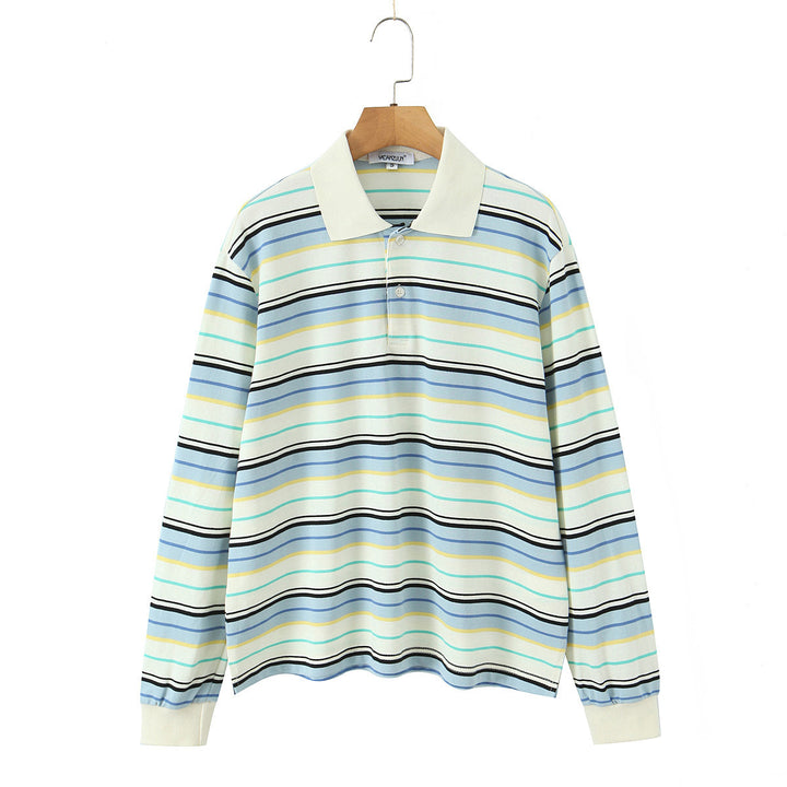 Men's Long-Sleeve Polo Shirt in Retro Stripe Pattern with Ribbed Cuffs and Button Placket Mune Fashion