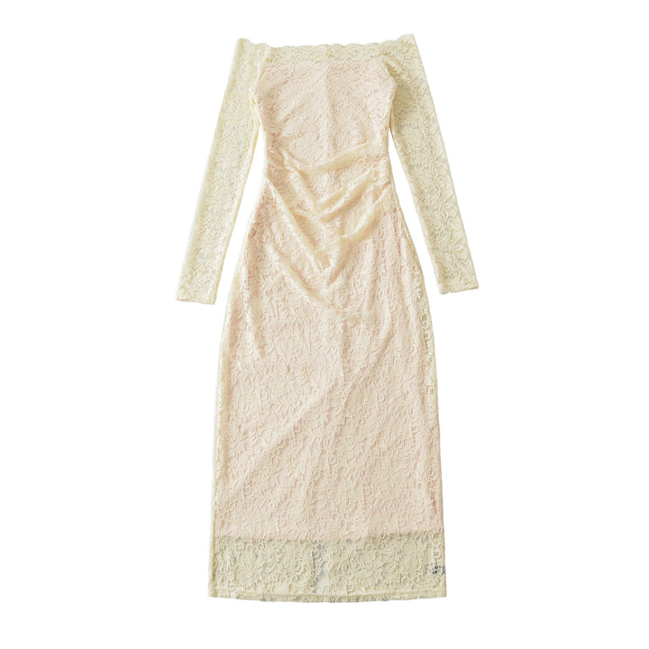 Women's Off-Shoulder Lace Dress with Waist Gather and Long Sleeve