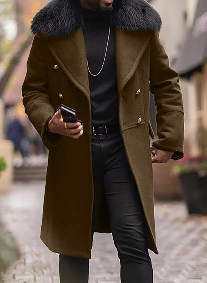 Men's Double-Breasted Wool Coat with Large Faux Fur Collar Mune Fashion