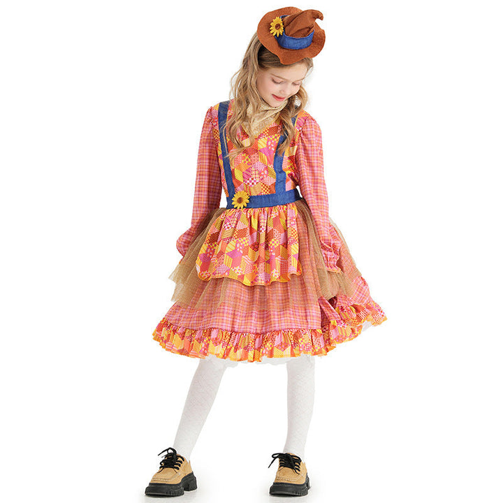 Girl Scarecrow Costume with Colorful Checkered Pattern and Stiff Hat Mune Fashion