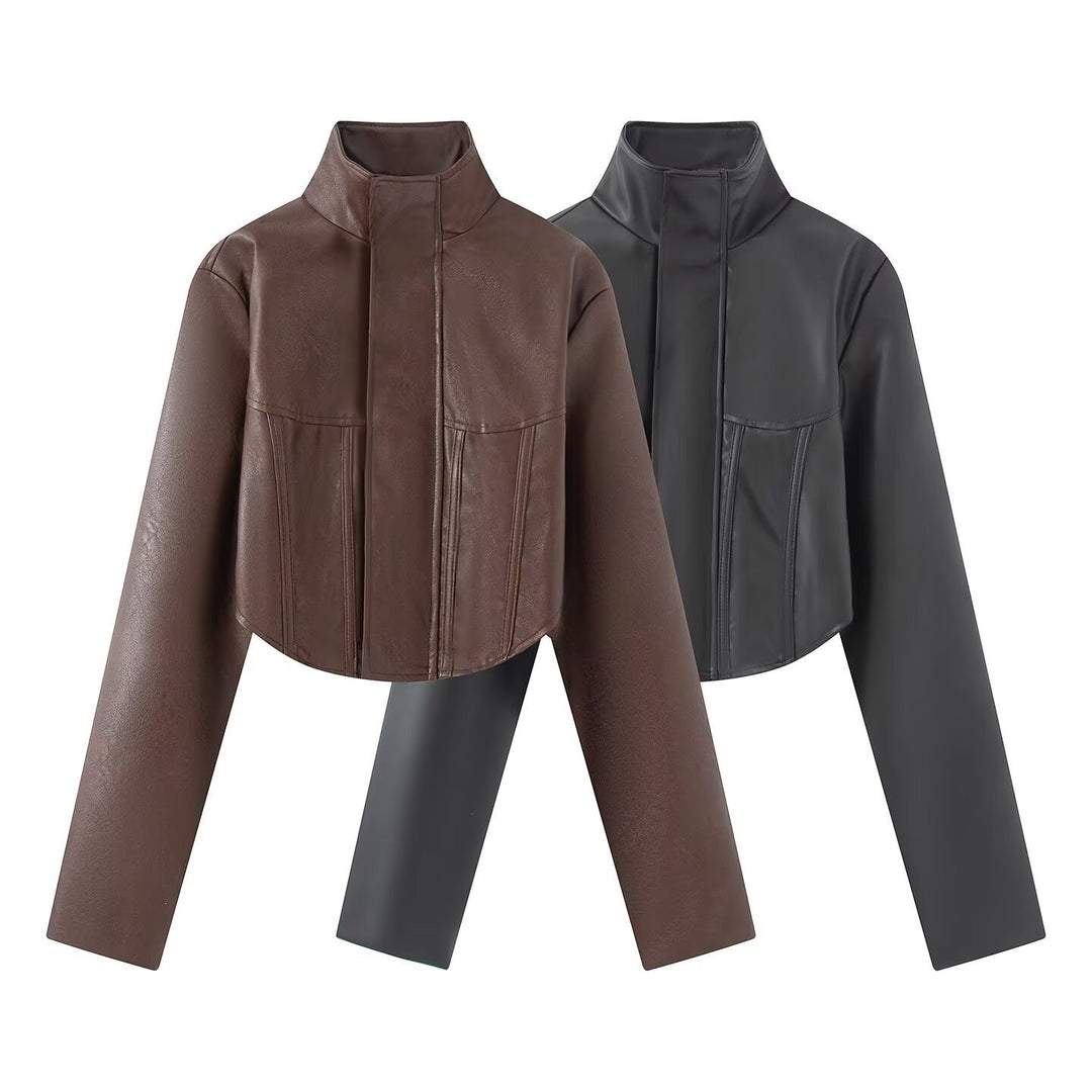 Women's Cropped Faux Leather Jacket with Stand-Up Collar and Tailored Seams Mune Fashion