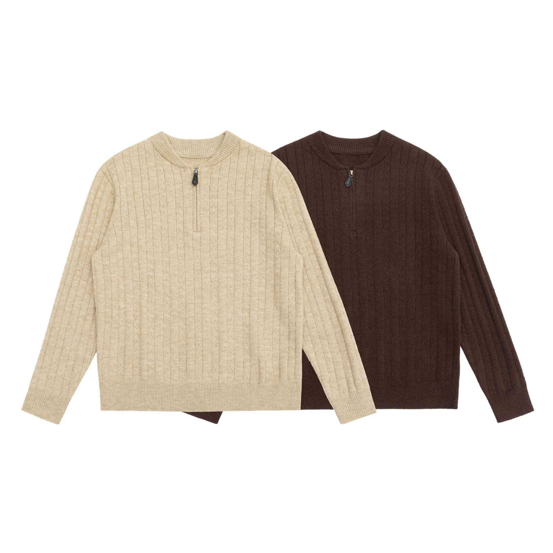 Men's Cable Knit Half Zip Sweater with Stand Collar and Ribbed Hem Mune Fashion