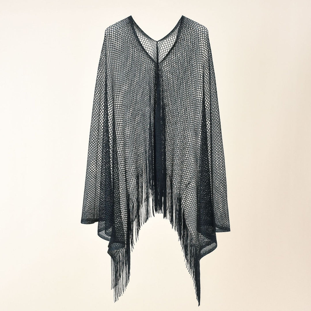 Ladies fine knit mesh stole with metallic shine and long fringes Mune Fashion