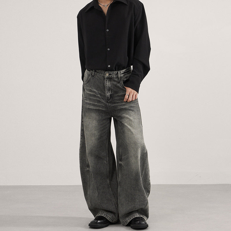 Men's Ultra-wide Vintage Washed Denim Palazzo Pants with Low Croth and Straight Hem Mune Fashion