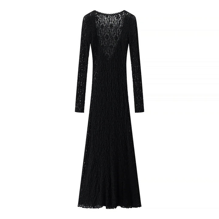 Ladies' figure-hugging maxi dress made of floral lace with long sleeves and elegant back cutout Mune Fashion