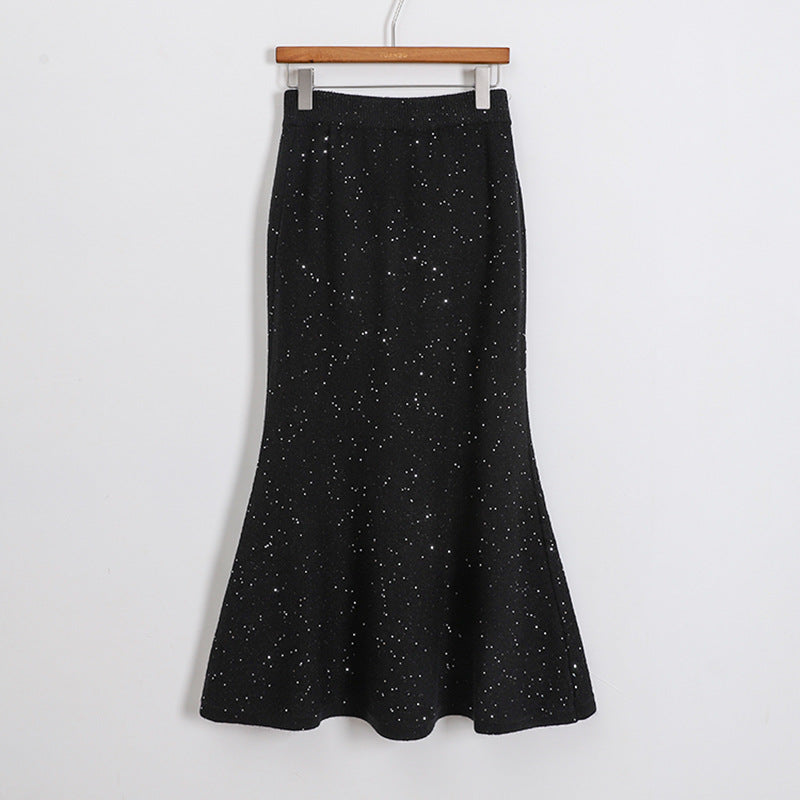 Women's figure-hugging knitted midi skirt with glitter fiber and trumpet hem, Mune Fashion
