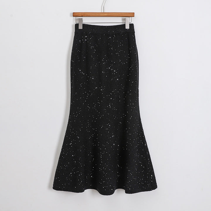 Women's figure-hugging knitted midi skirt with glitter fiber and trumpet hem, Mune Fashion