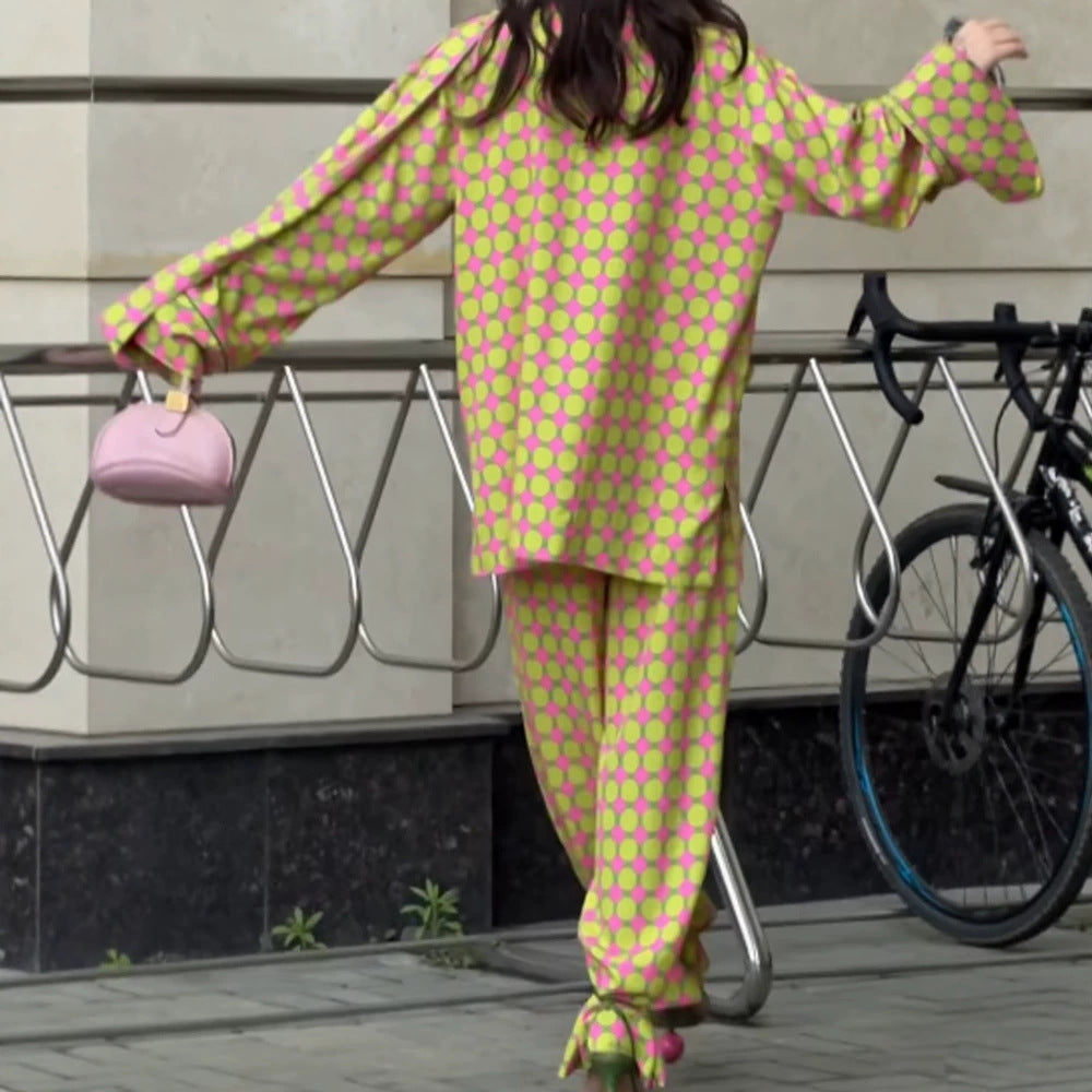 Women Two-Piece Silk Look Suit Set with Oversized Blazer, Wide Pleated Pants & Matching Tube Scarf Mune Fashion