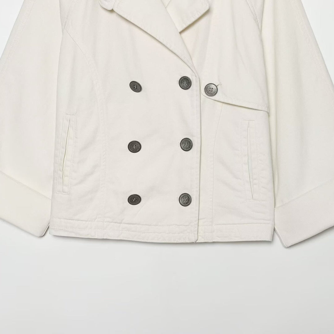 Women's Short Double-Breasted Cape Trench Coat with Dropped Shoulders and Adjustable Sleeve Straps Mune Fashion