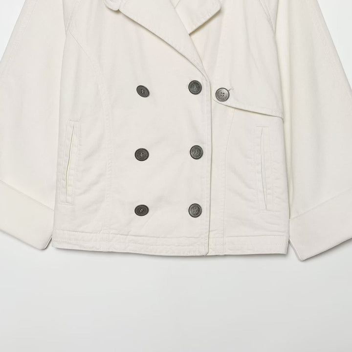 Women's Short Double-Breasted Cape Trench Coat with Dropped Shoulders and Adjustable Sleeve Straps Mune Fashion