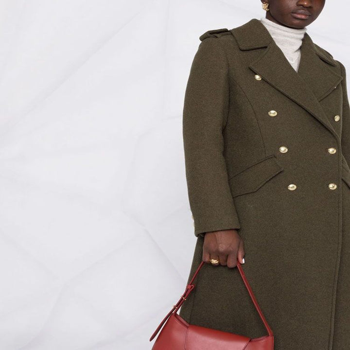 Women A-line Wool Blend Coat with Double-breasted Tailoring, Metal Buttons and Flap Pockets Mune Fashion