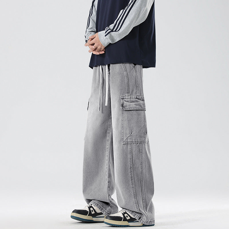 Men's Stonewashed Denim Cargo Palazzo with Extra Wide Legs and Visible Decorative Stitching Mune Fashion