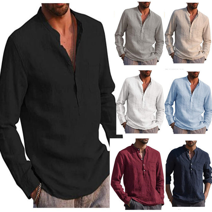 Men's Lightweight Linen Shirt with Stand Collar, Half Button Placket and Chest Pocket Mune Fashion