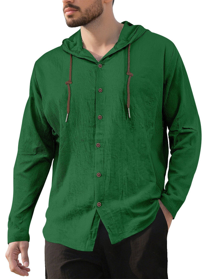 Men's hooded shirt in linen look with button placket and drawstring Mune Fashion