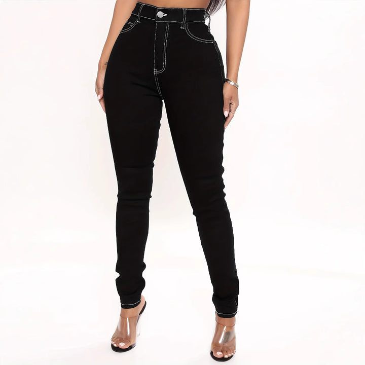 Women's High-Cut Sculpting Skinny Jeans with Contrasted Seam Design and Butterfly Embroidery Mune Fashion