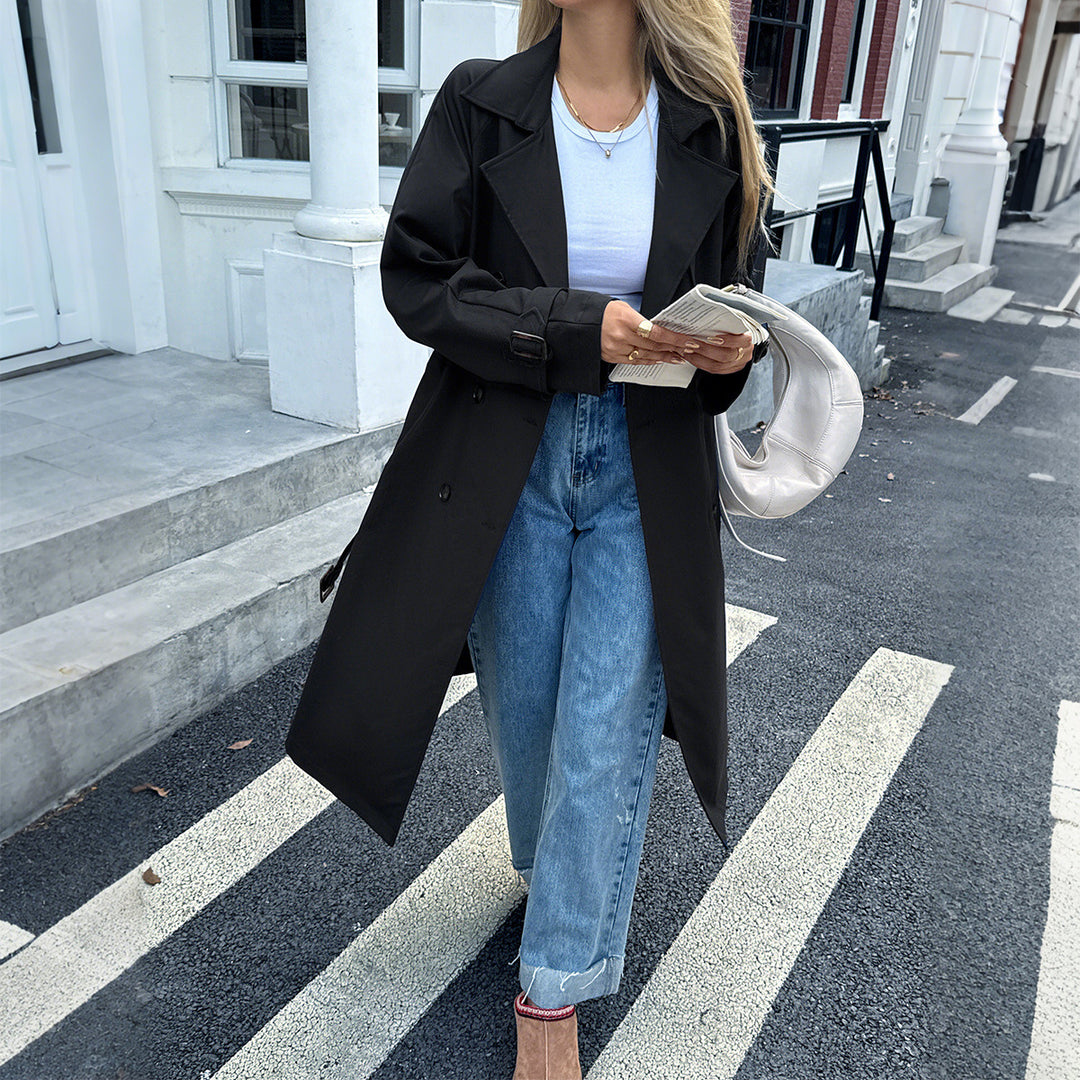Women's classic trench coat with double row, waist belt, adjustable cuffs, and straight button placket Mune Fashion