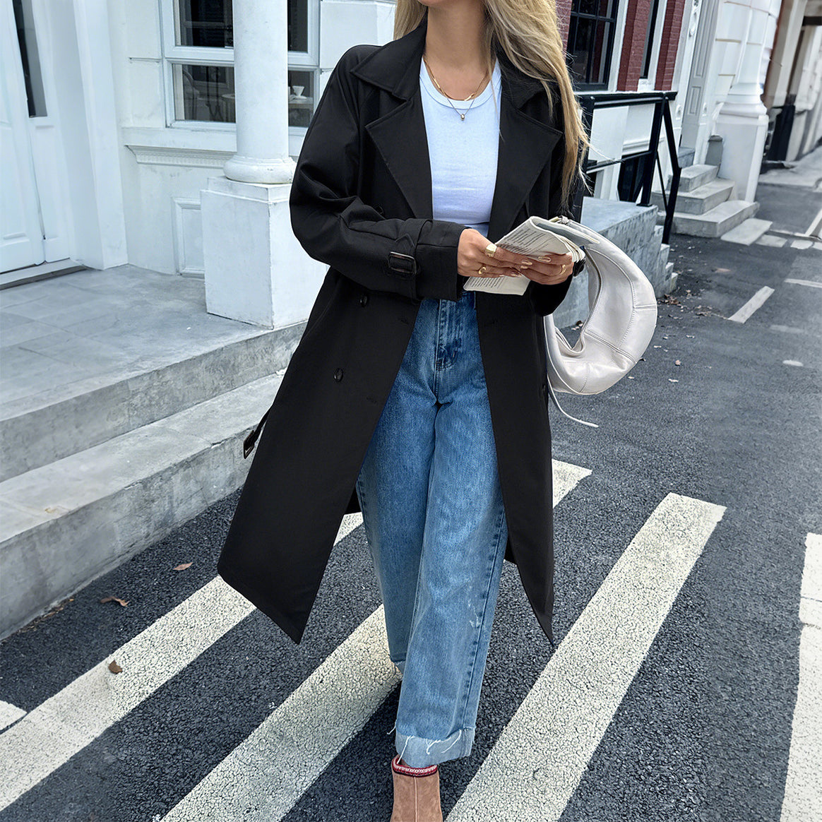 Women's classic trench coat with double row, waist belt, adjustable cuffs, and straight button placket Mune Fashion