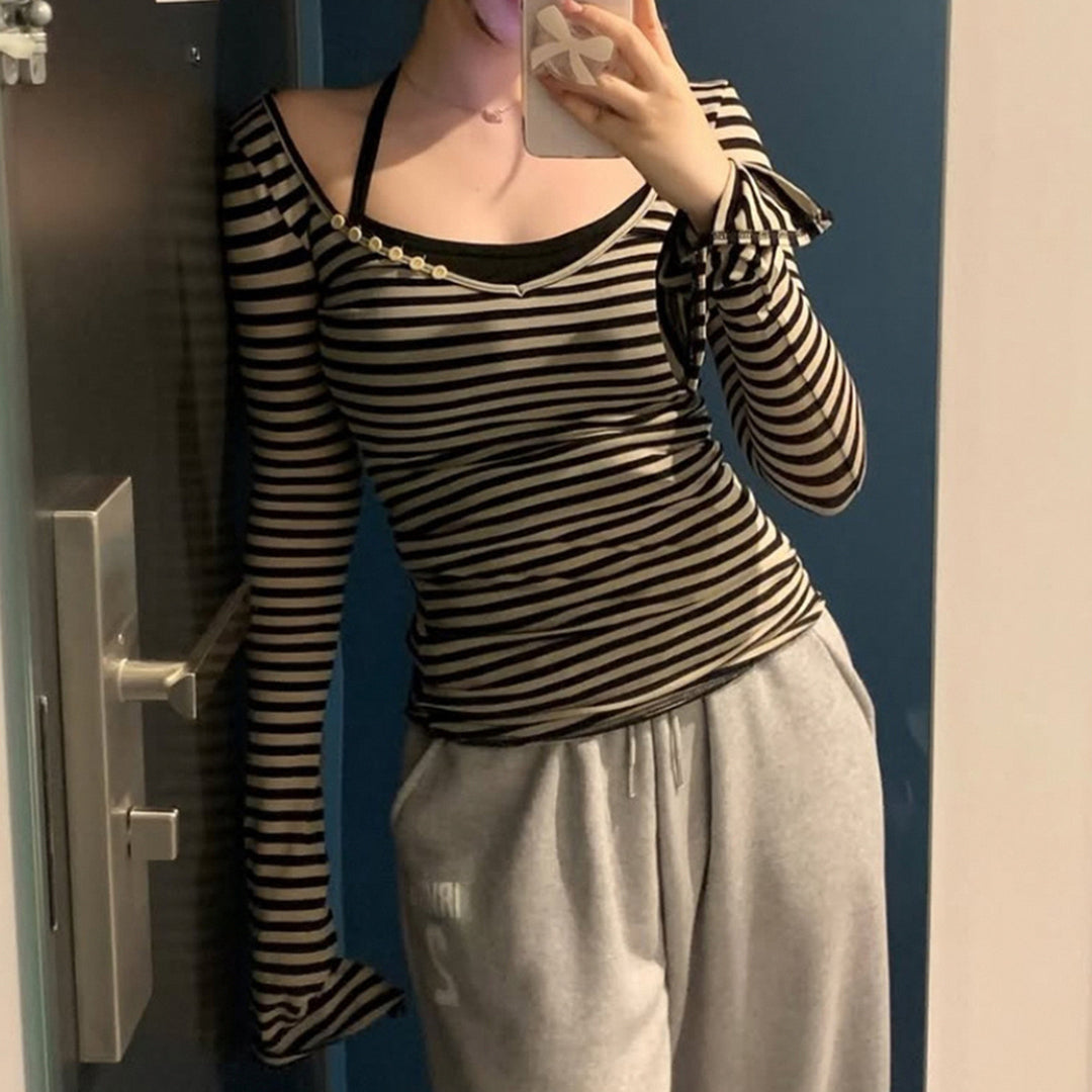Women striped off-shoulder long sleeve shirt with diagonal decorative button placket and fitted silhouette Mune Fashion