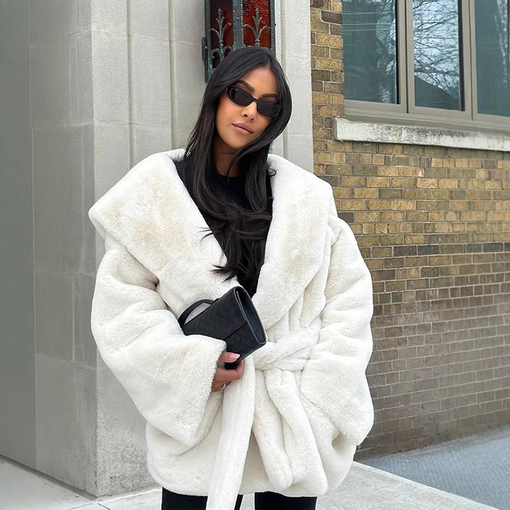 Women's Oversized Teddy Coat with Extra Large Shawl Collar and Wrap Belt Mune Fashion