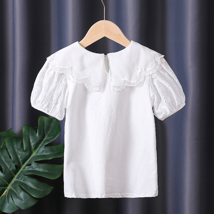 Girls blouse with decorative eyelet embroidery and voluminous puff sleeves Mune Fashion