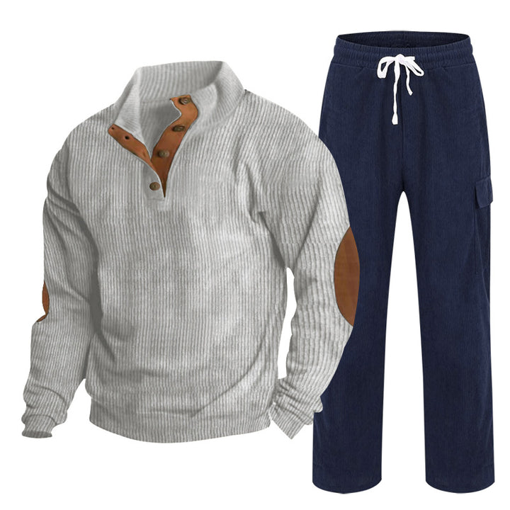Men's Cozy Leisure Set made of Waffle Knit Henley with Elbow Patch and Relax Cargo Pants Mune Fashion