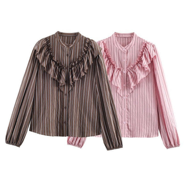 Women's Ruffle Blouse with Stand Collar, Fine Stripes and Gathered Sleeves Mune Fashion