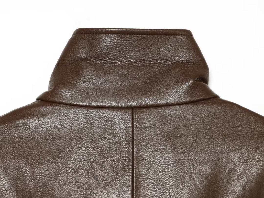 Women tailored leather-look biker jacket with high funnel collar Mune Fashion
