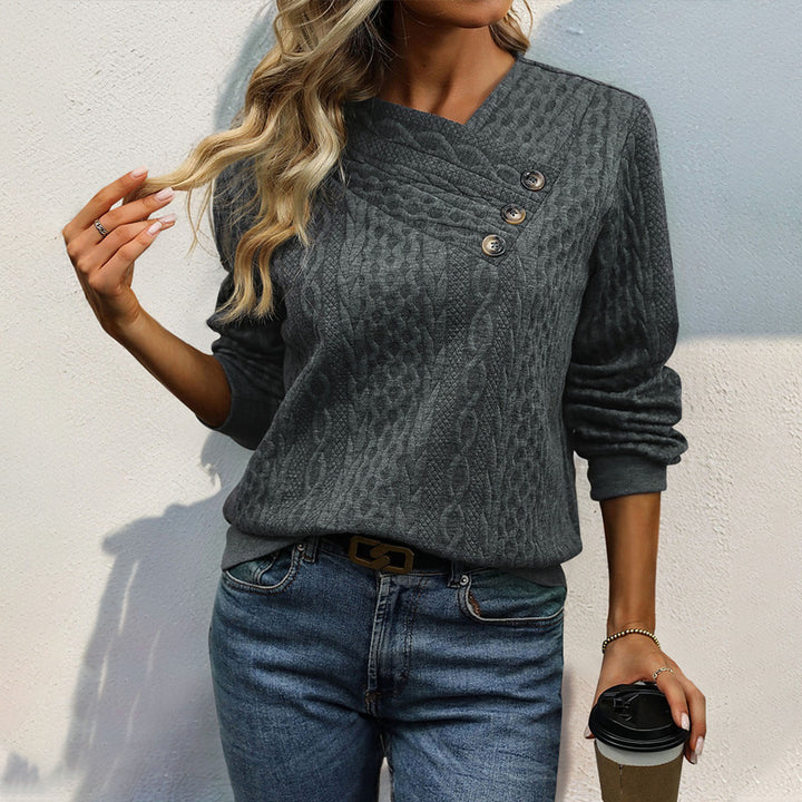 Women's Structured Cable Knit Sweater with Asymmetric Button Placket & Round Neckline Mune Fashion