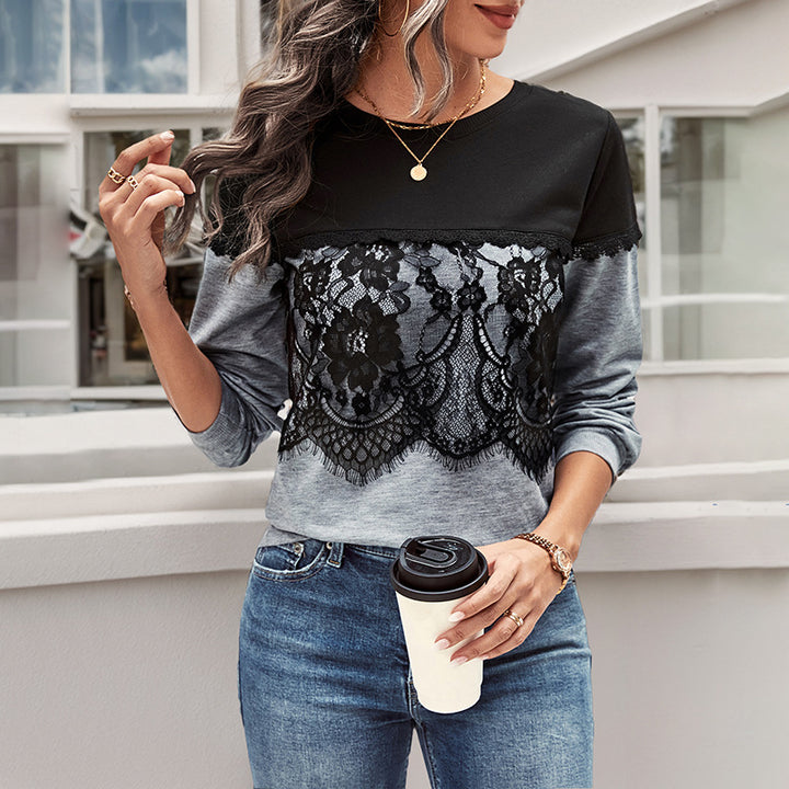 Women's Casual Long Sleeve with Floral Lace Application, Colorblock Yoke and Round Neck Ruin