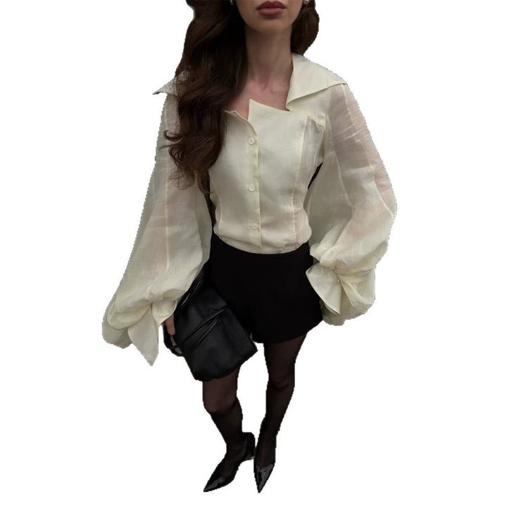 Women's Transparent Blouse Top with Tailored Corset Look and Voluminous Balloon Sleeves Mune Fashion
