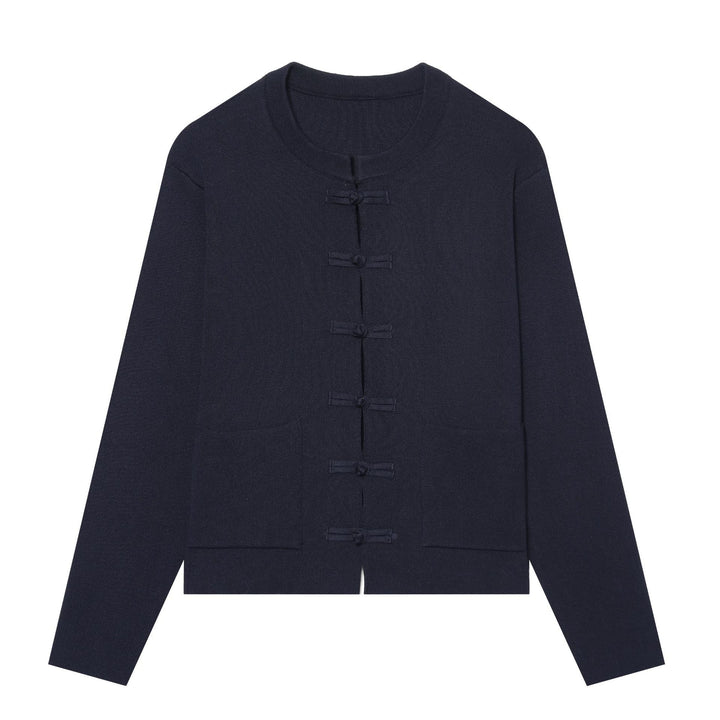 Women's Short Textured Knit Cardigan with Knot Frog Closures and Patch Pockets Mune Fashion