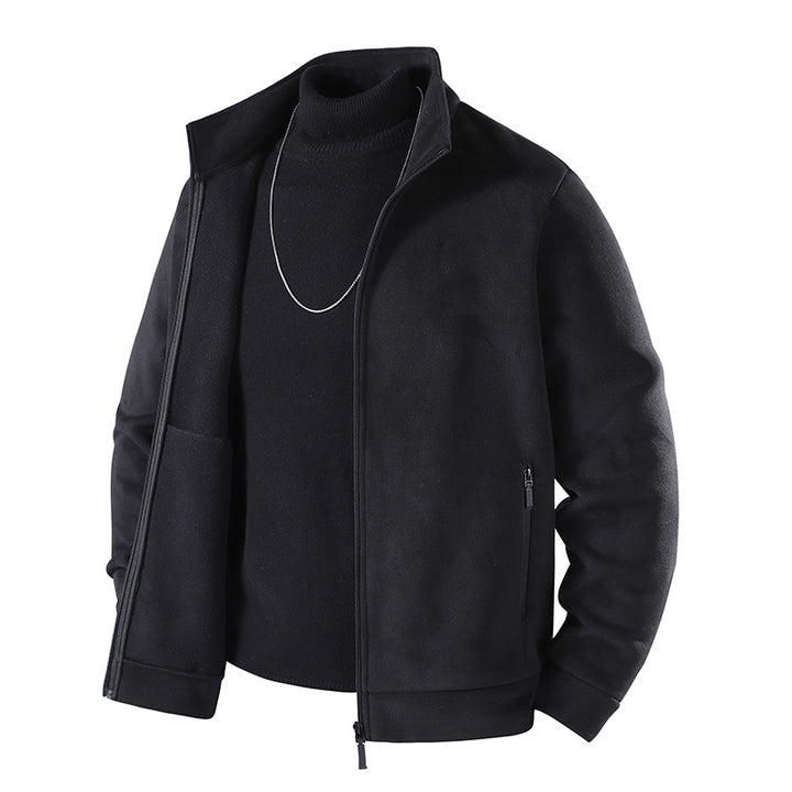 Men's Simple Velvet-Look Transition Jacket with High-Closing Stand-Up Collar, Concealed Two-Way Zipper & Zip Pockets