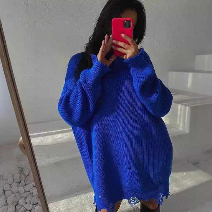 Women Oversized Knitted Dress with Destroyed Hem and Balloon Sleeves Mune Fashion
