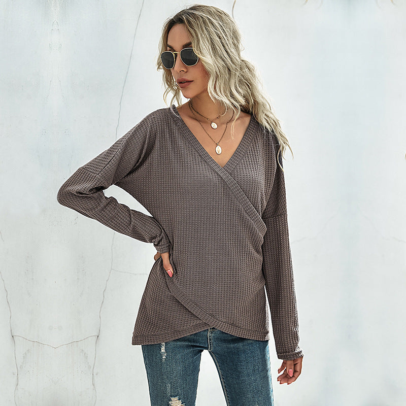 Women's Waffle Knit Wrap Top with V-Neck and Long Oversized Sleeve Fit Mune Fashion