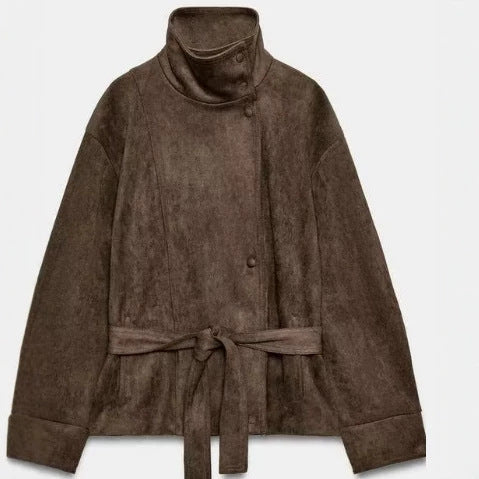 Women Short Blouson made of Artificial Leather with Double-Breasted Button Placket and Shoulder Cape Mune Fashion