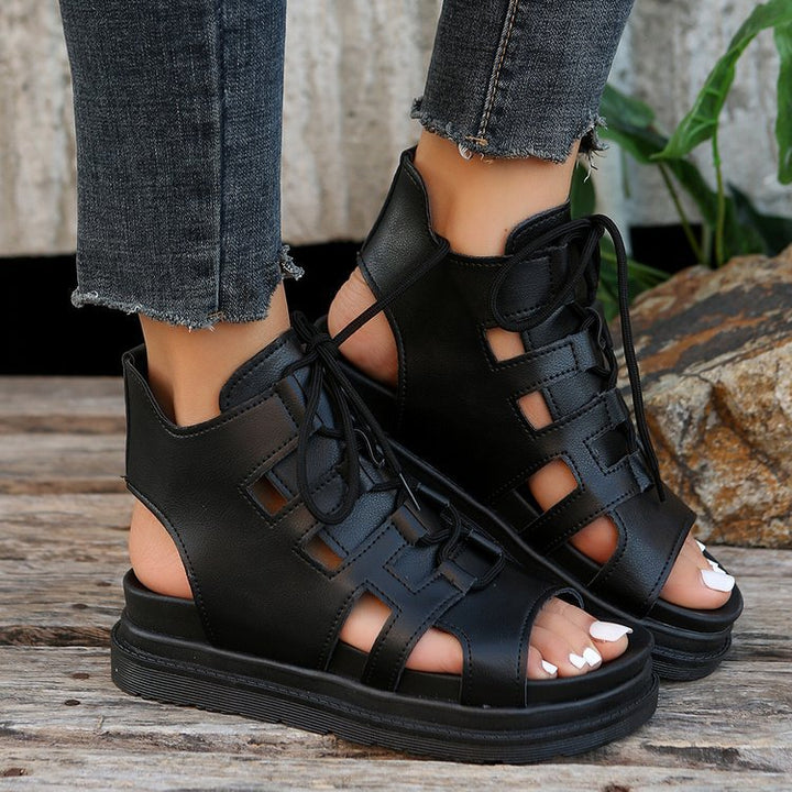 Women's lace-up sandals with cut-out design, open heel, and sturdy tread sole Mune Fashion
