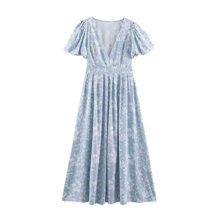 Women’s midi dress with deep V-neck, puff sleeves and tailored A-line skirt Mune Fashion