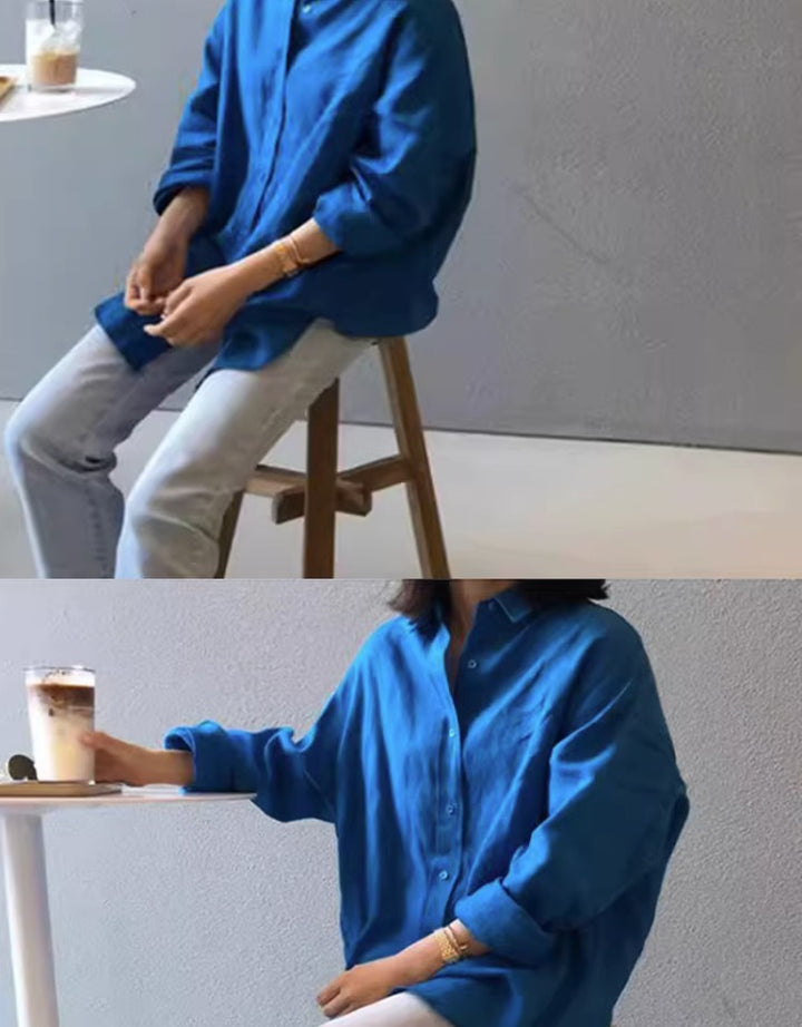 Women’s casual linen blouse with structured WMune fashioning, dropped shoulder and roll-up sleeves Mune fashion