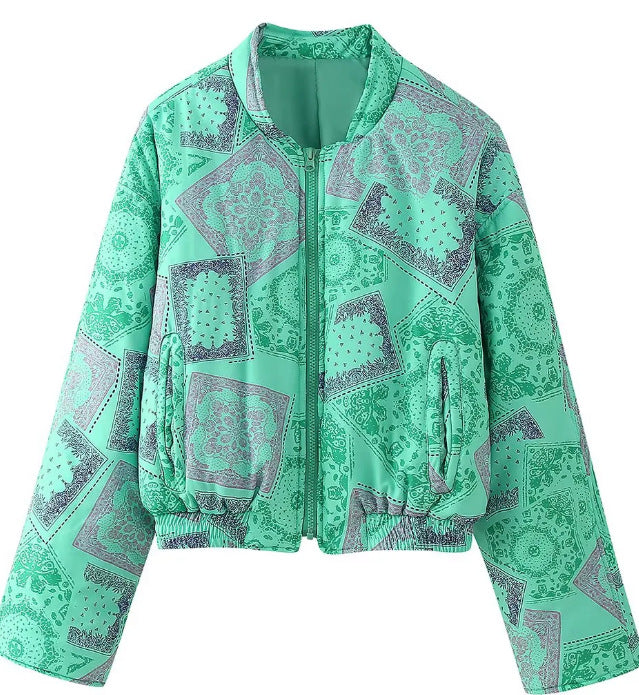 Women's Cropped Bomber Jacket with Bandana Print and Quilted Look Mune Fashion
