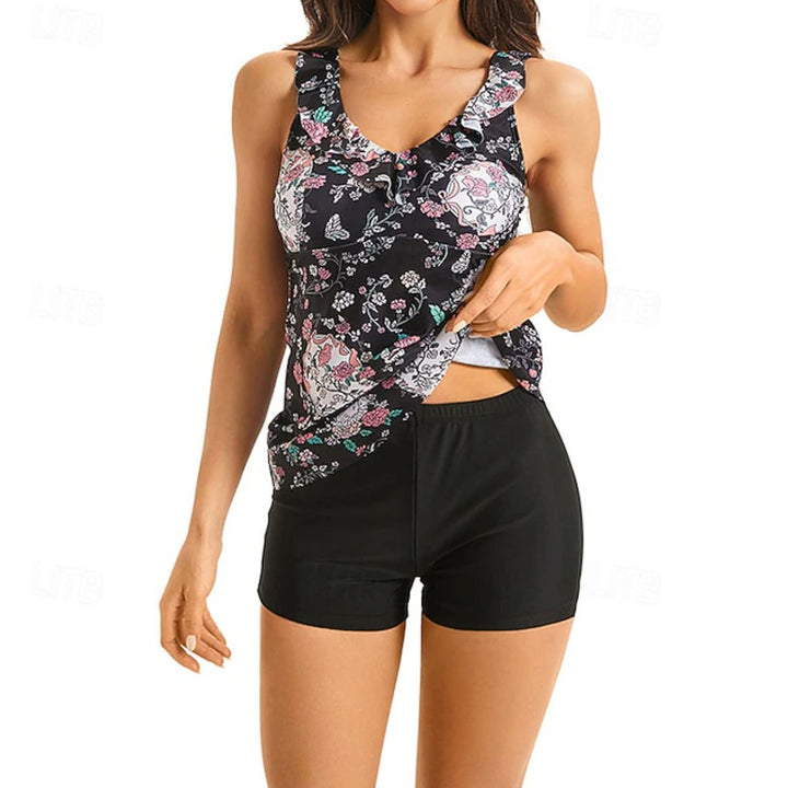 Ladies Tankini Top with playful ruffles and floral design Mune Fashion