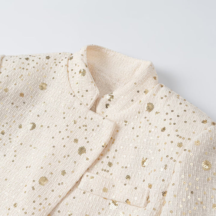 Women's short blazer in bouclé style with stand-up collar and sequin application Mune Fashion