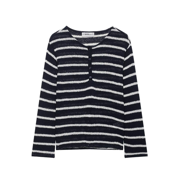 Women's Striped Knit Henley Sweater with Button Placket and Light Structure Drune