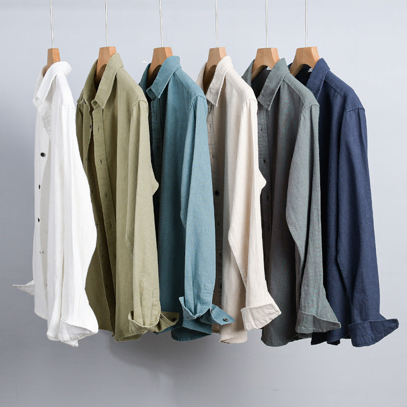 Men's Relaxed-Fit Linen Shirt with Continuous Button Placket and Shirt Collar Mune Fashion