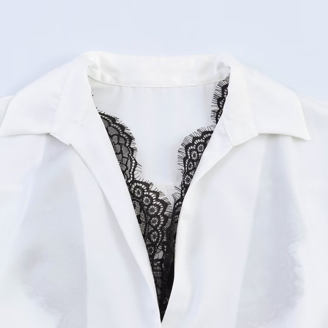 Women's Silky Oversized Blouse with Lace Insert and Shirt Collar Mune Fashion