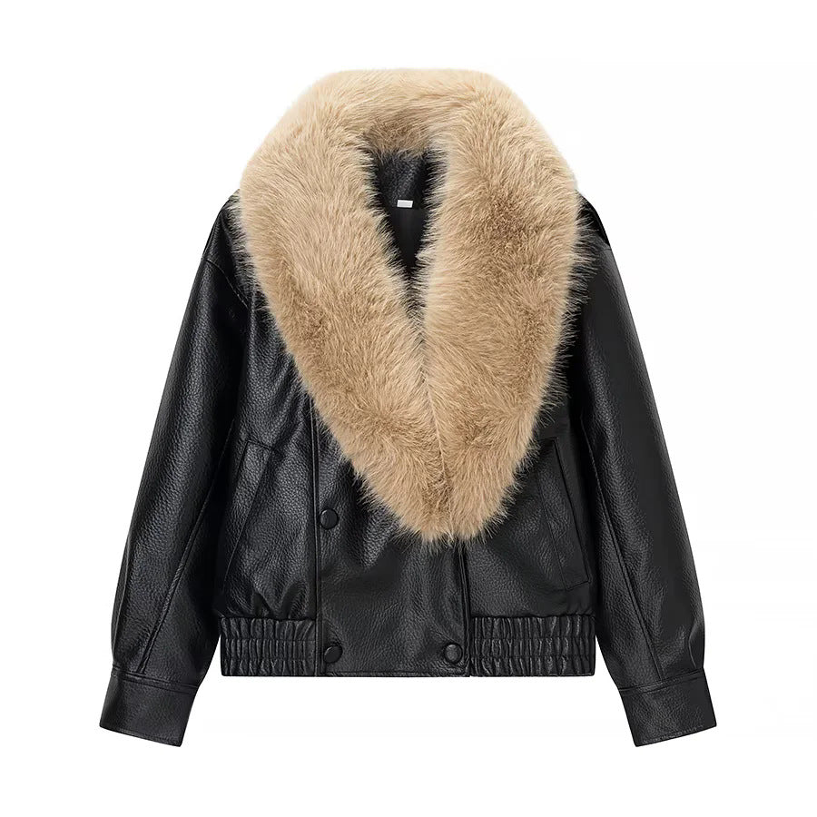 Ladies nan short-cut synthetic leather blouson with voluminous faux fur shawl collar Mune Fashion