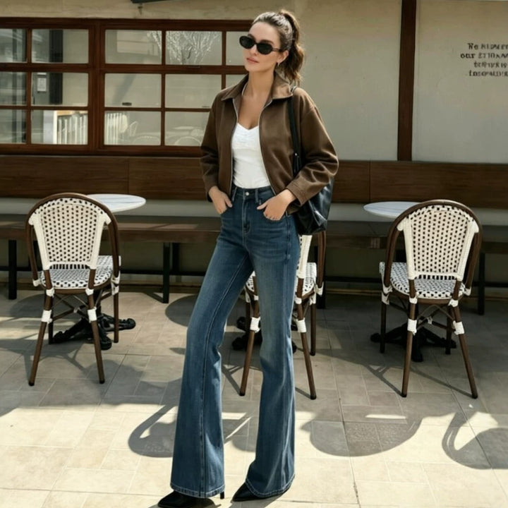 Ladies short jacket in suede leather look with front zipper and shirt collar Mune Fashion