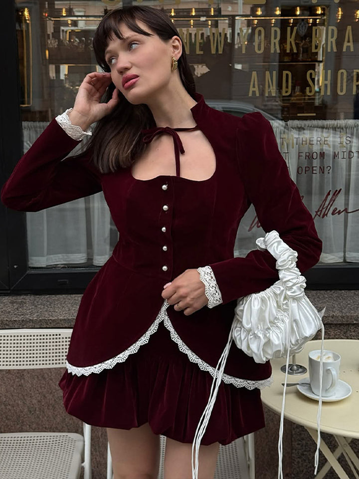 Women's tailored velvet blazer dress with heart neckline, pearl buttons, and lace trim Mune Fashion