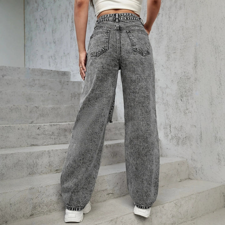 Ladies High-Waist Destroyed Wide-Leg Jeans with Knee Cutouts Mune Fashion